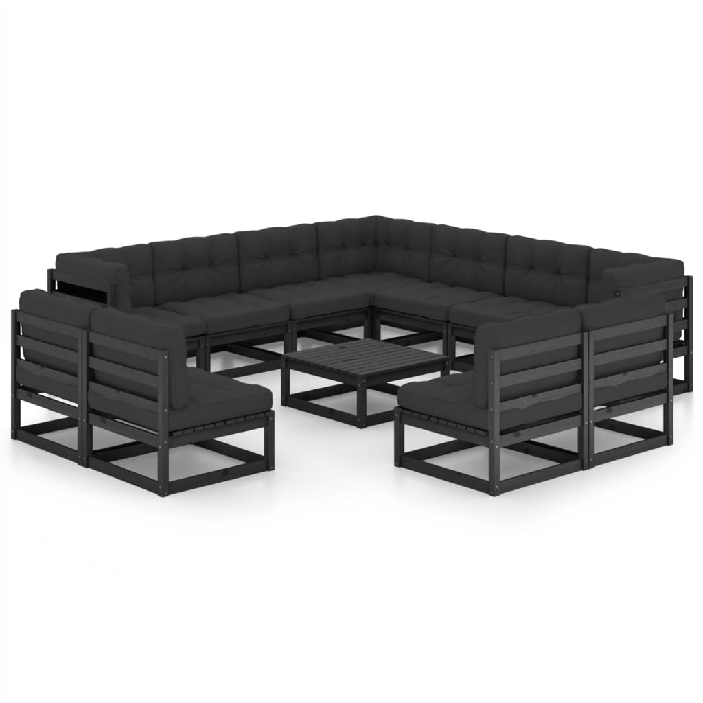 vidaXL 12-tlg. Garten-Lounge-Set mit Kissen Schwarz Massivholz Kiefer