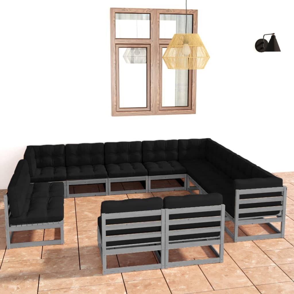 12-tlg. Garten-Lounge-Set mit Kissen Grau Massivholz Kiefer