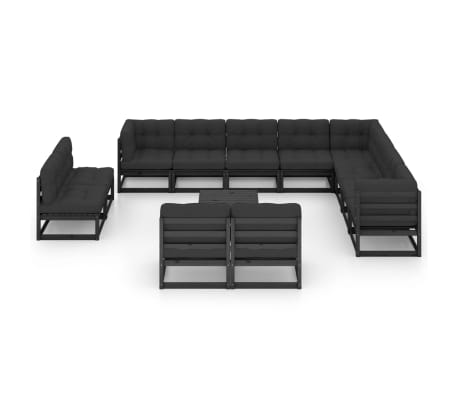 vidaXL 13-delige Loungeset met kussens massief grenenhout zwart