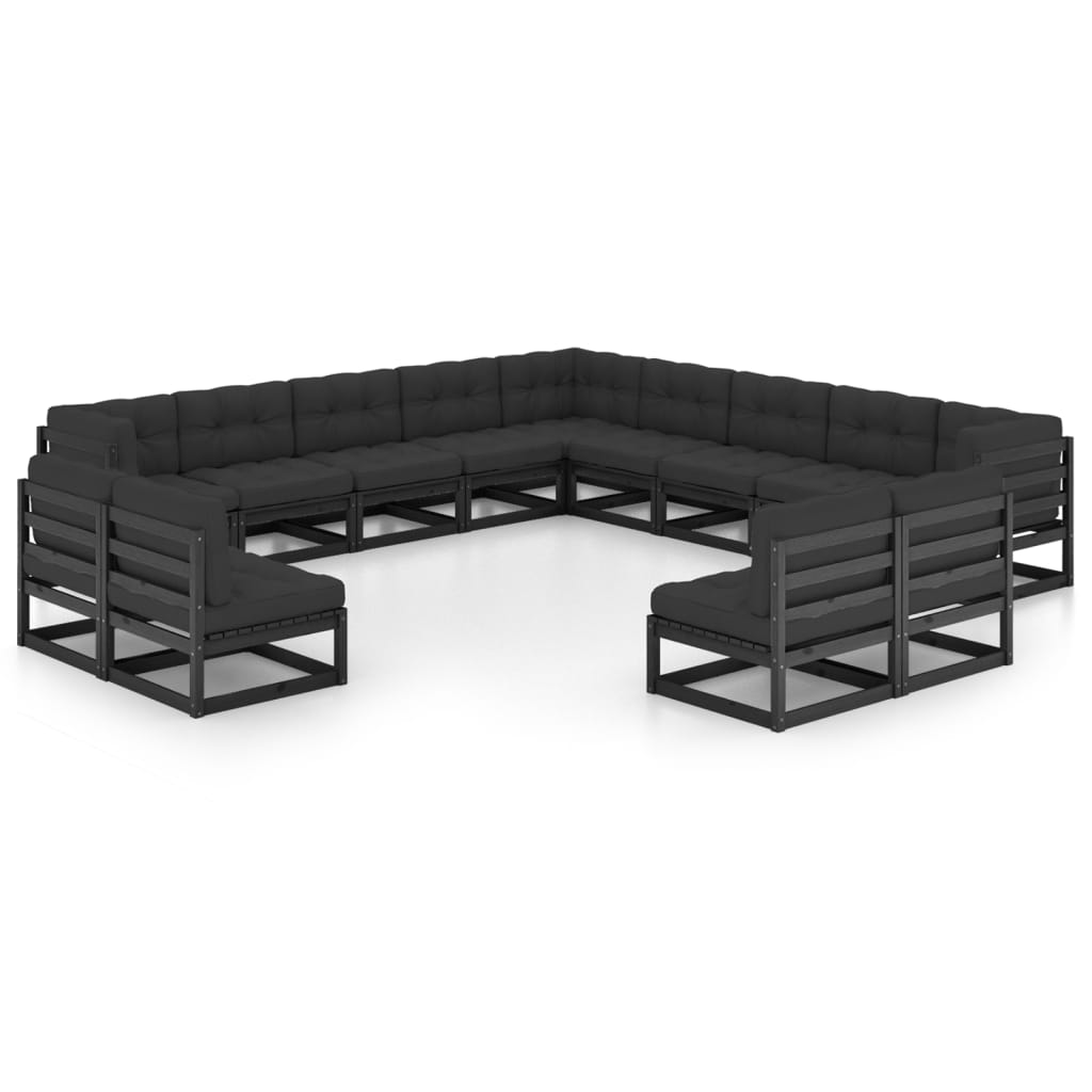 vidaXL 13-tlg. Garten-Lounge-Set mit Kissen Schwarz Massivholz Kiefer