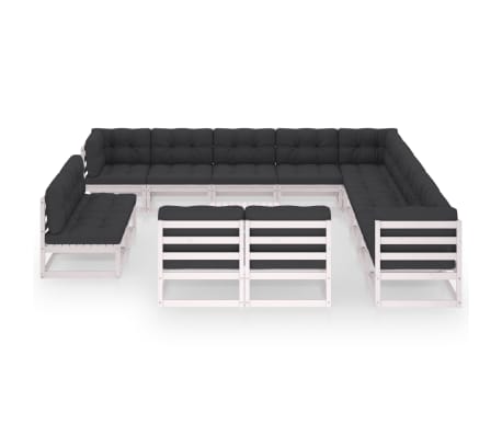 vidaXL 14 r&eacute;szes feh&eacute;r t&ouml;m&ouml;r fenyőfa kerti &uuml;lőgarnit&uacute;ra p&aacute;rn&aacute;kkal