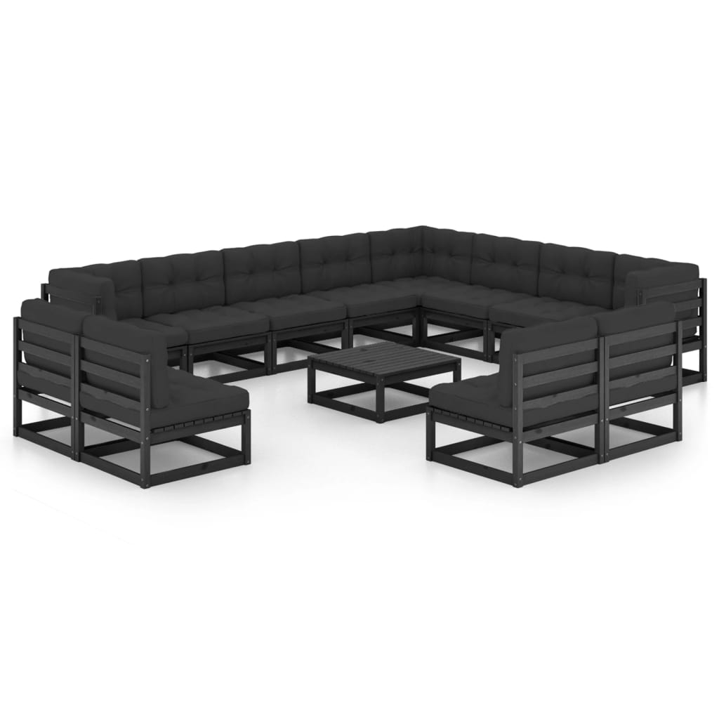 vidaXL 14-tlg. Garten-Lounge-Set mit Kissen Schwarz Massivholz Kiefer