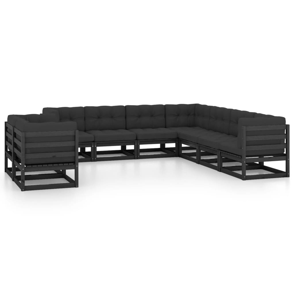 9-tlg. Garten-Lounge-Set mit Kissen Schwarz Massivholz Kiefer