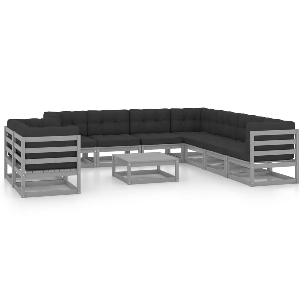 10-tlg. Garten-Lounge-Set mit Kissen Grau Massivholz Kiefer