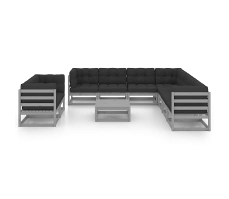 vidaXL 10 Parta Gar&eth;s&oacute;fasett me&eth; Sessum Gr&aacute;tt Gegnheill Furuvi&eth;ur