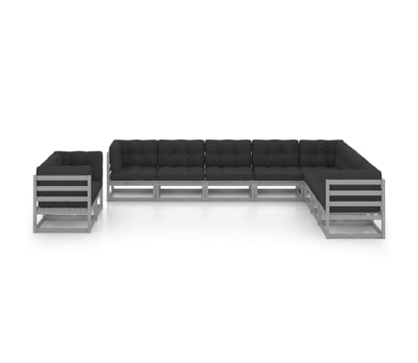 vidaXL Salon de jardin 10 pcs avec coussins Gris Bois de pin massif