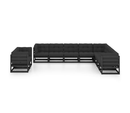 vidaXL Salon de jardin 10 pcs avec coussins Noir Bois de pin massif