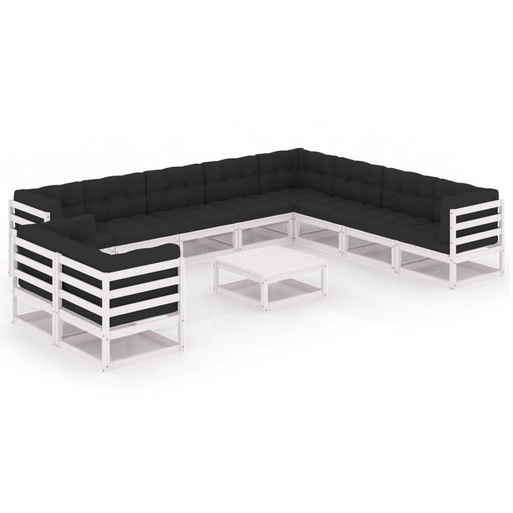 Salon de jardin 11 pcs avec coussins Blanc Bois de pin massif