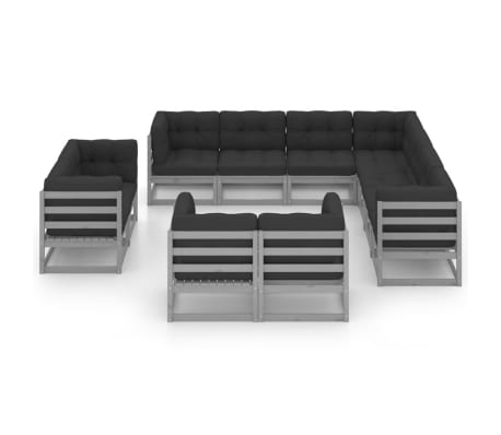 vidaXL 11-tlg. Garten-Lounge-Set mit Kissen Grau Kiefer Massivholz