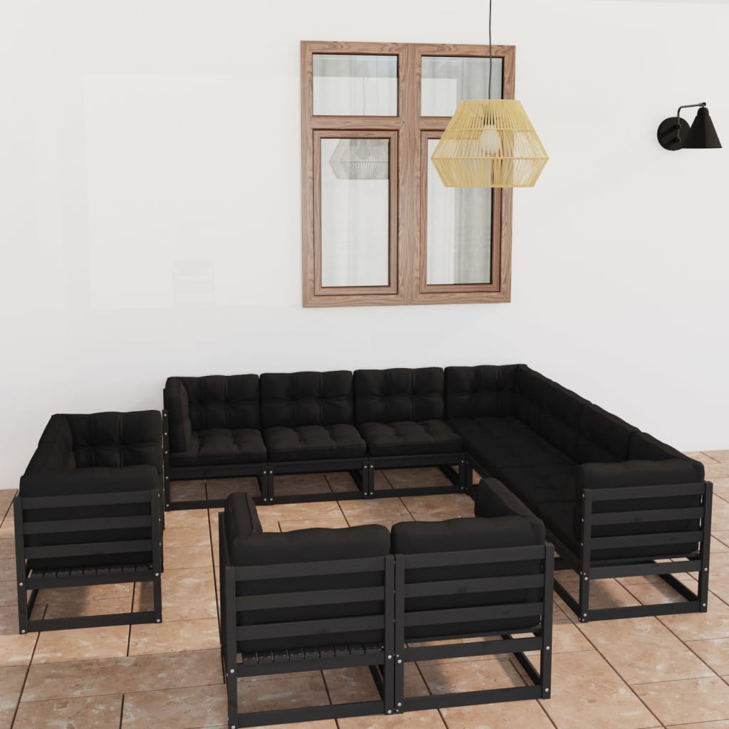 vidaXL 11-tlg. Garten-Lounge-Set mit Kissen Schwarz Kiefer Massivholz