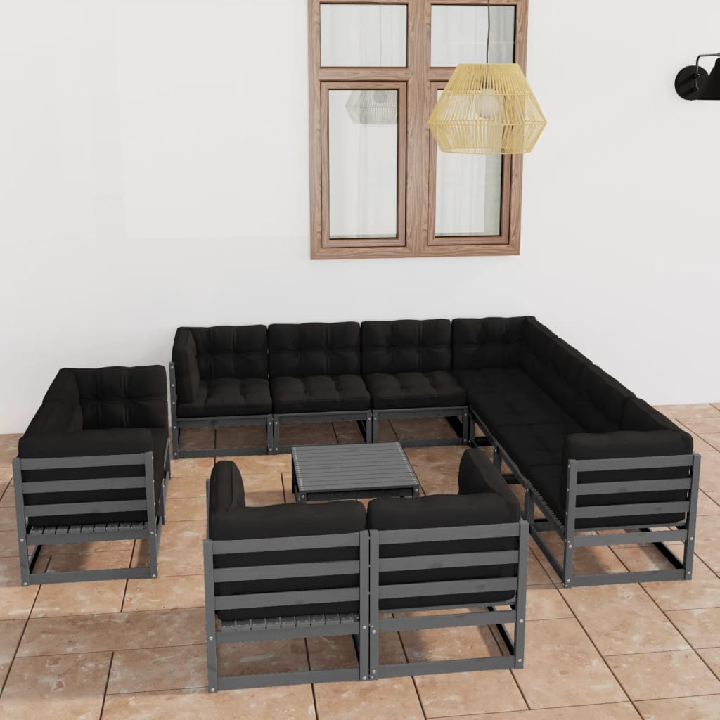 vidaXL 12-tlg. Garten-Lounge-Set mit Kissen Grau Massivholz Kiefer