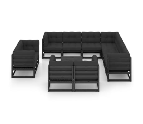 vidaXL Градински комплект от 12 части, с възглавници, черен, бор масив