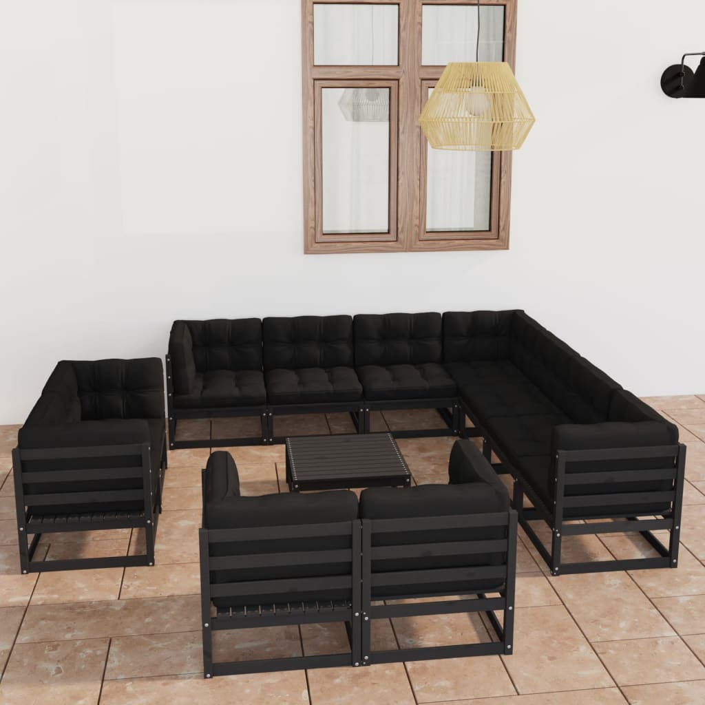 vidaXL Set mobilier de grădină cu perne12 piese, negru, lemn masiv pin