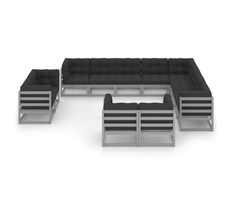vidaXL 12-tlg. Garten-Lounge-Set mit Kissen Grau Massivholz Kiefer
