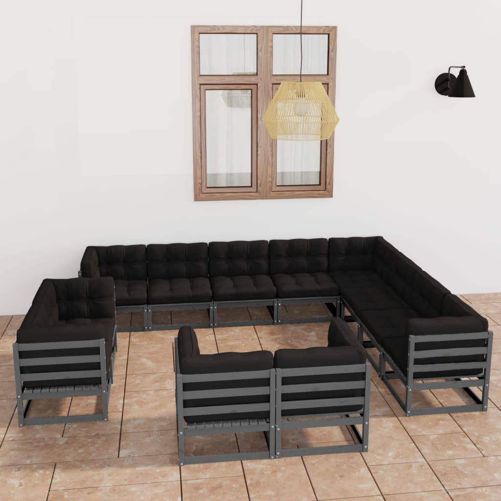 vidaXL 12-tlg. Garten-Lounge-Set mit Kissen Grau Massivholz Kiefer