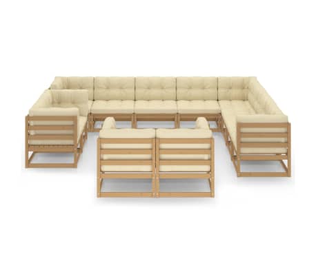 vidaXL 12 r&eacute;szes m&eacute;zbarna t&ouml;m&ouml;r fenyőfa kerti &uuml;lőgarnit&uacute;ra p&aacute;rn&aacute;kkal