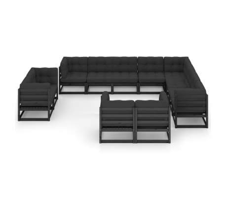 vidaXL Hagesofagruppe med puter 12 deler svart heltre furu