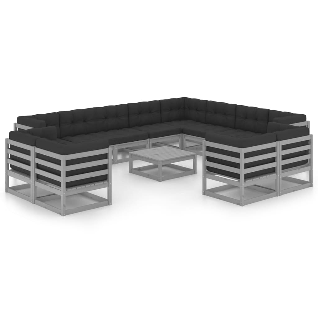 Градински лаундж комплект 13 части с възглавници сив бор масив