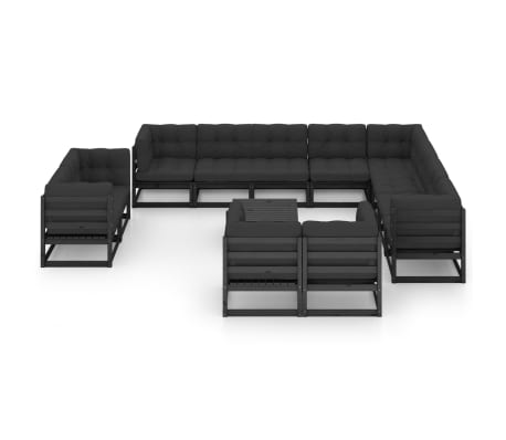 vidaXL 13-tlg. Garten-Lounge-Set mit Kissen Schwarz Massivholz Kiefer