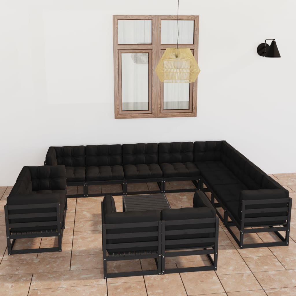 vidaXL 13-tlg. Garten-Lounge-Set mit Kissen Schwarz Massivholz Kiefer