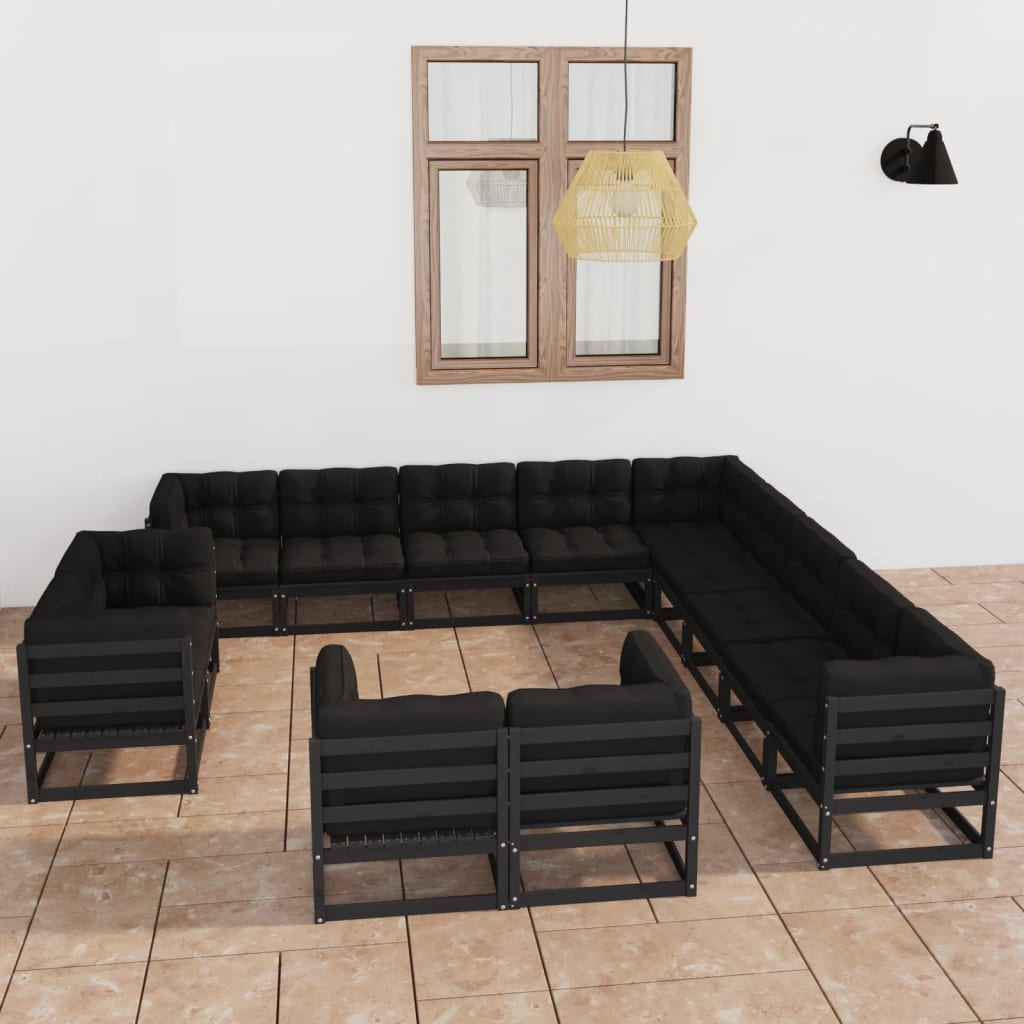 vidaXL 13-tlg. Garten-Lounge-Set mit Kissen Schwarz Massivholz Kiefer