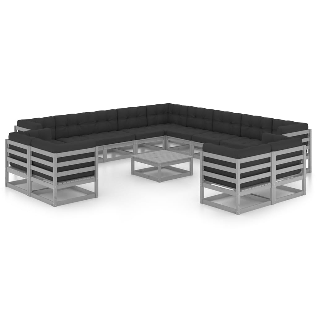 vidaXL 14-delige Loungeset met kussens massief grenenhout grijs