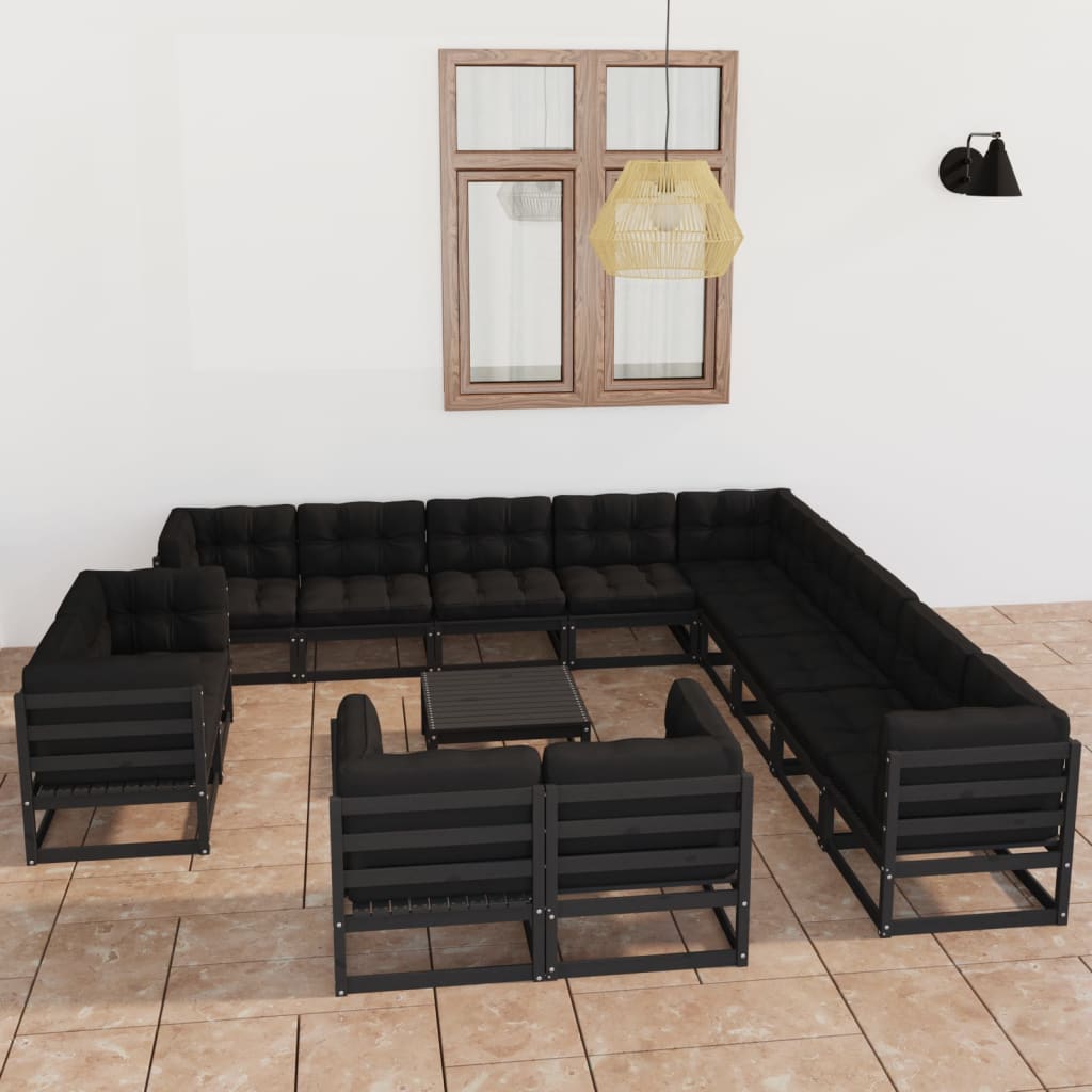 vidaXL 14-tlg. Garten-Lounge-Set mit Kissen Schwarz Massivholz Kiefer