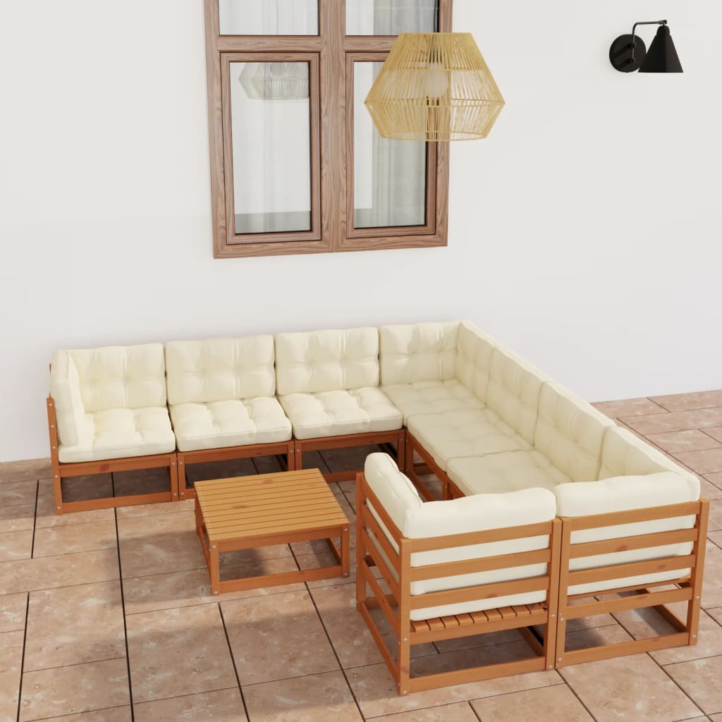 Set mobilier grădină, perne, 9 piese, maro miere lemn masiv pin