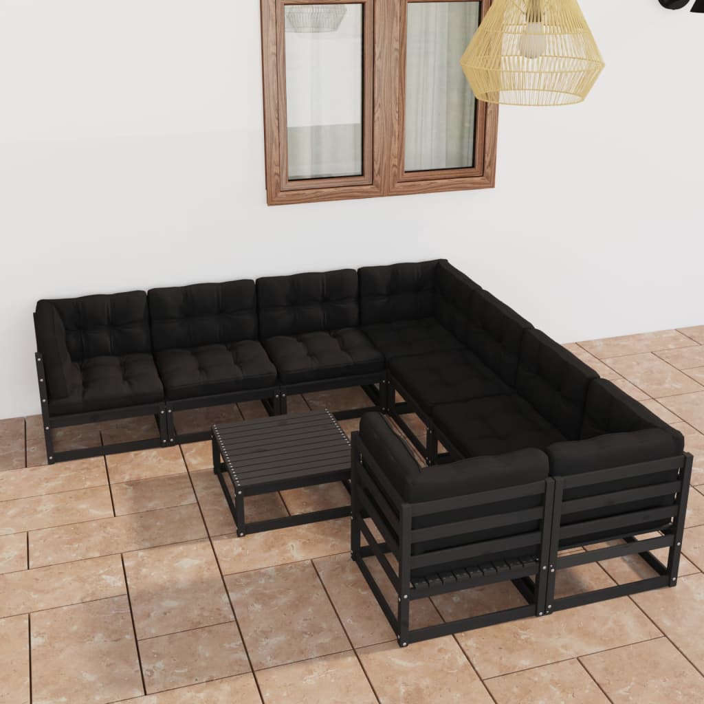 vidaXL 9-tlg. Garten-Lounge-Set mit Kissen Schwarz Massivholz Kiefer