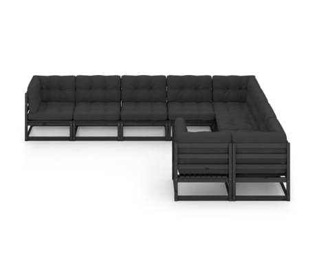 vidaXL Градински комплект от 9 части, с възглавници, черен, бор масив