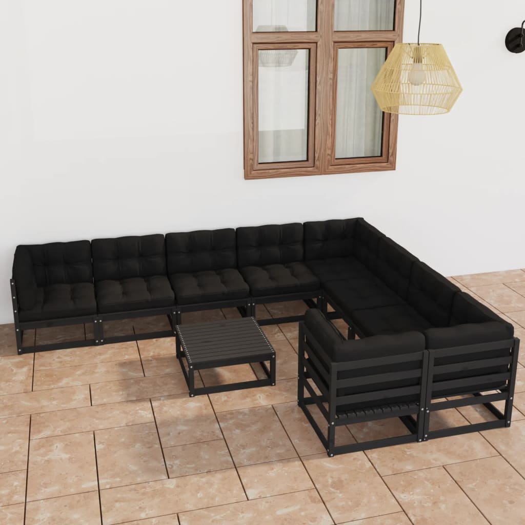 vidaXL 10-tlg. Garten-Lounge-Set mit Kissen Schwarz Massivholz Kiefer