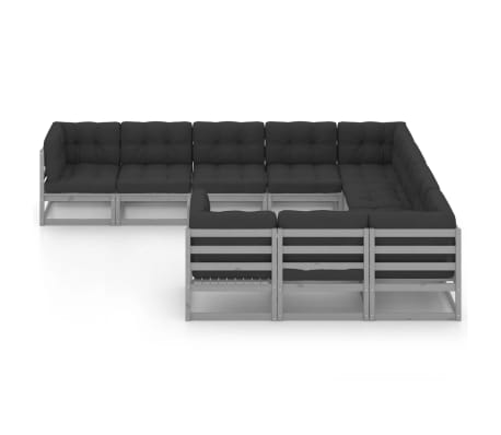 vidaXL Set șezlonguri grădină cu perne, 10 piese, gri, lemn masiv pin