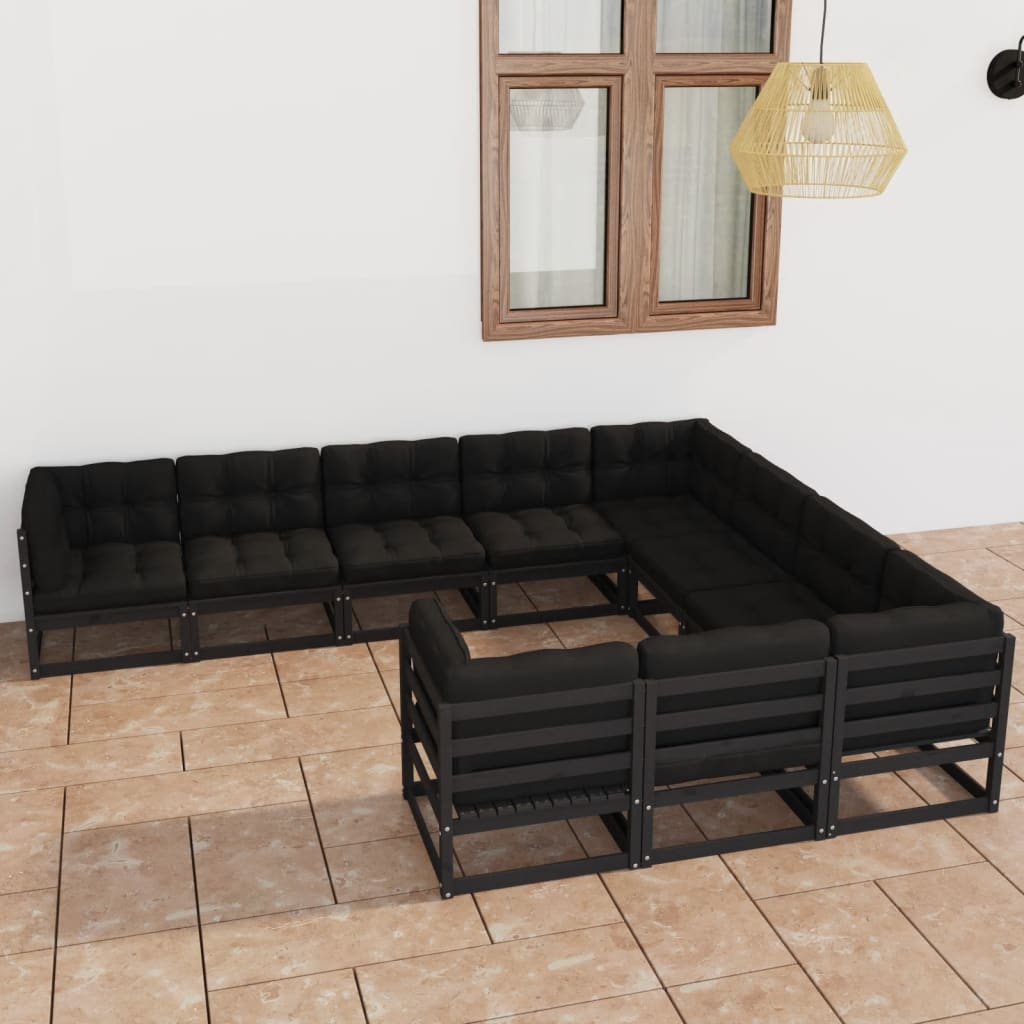 vida XL 10-tlg. Garten-Lounge-Set mit Kissen Schwarz Kiefer Massivholz
