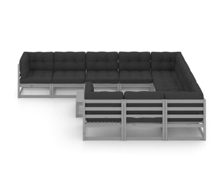 vidaXL 11-tlg. Garten-Lounge-Set mit Kissen Grau Kiefer Massivholz