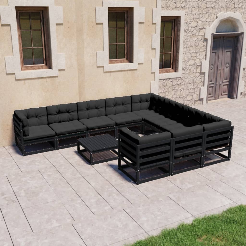 Salon de jardin 11 pcs avec coussins Noir Bois de pin massif
