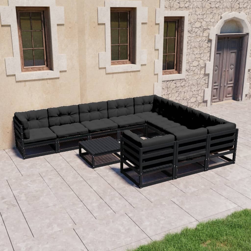 vidaXL 11-tlg. Garten-Lounge-Set mit Kissen Schwarz Kiefer Massivholz