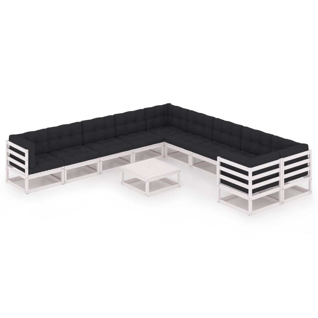 Salon de jardin 11 pcs avec coussins Blanc Bois de pin massif