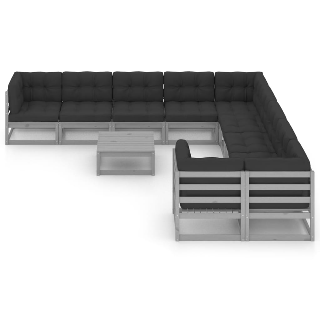 vidaXL 11-tlg. Garten-Lounge-Set mit Kissen Grau Kiefer Massivholz