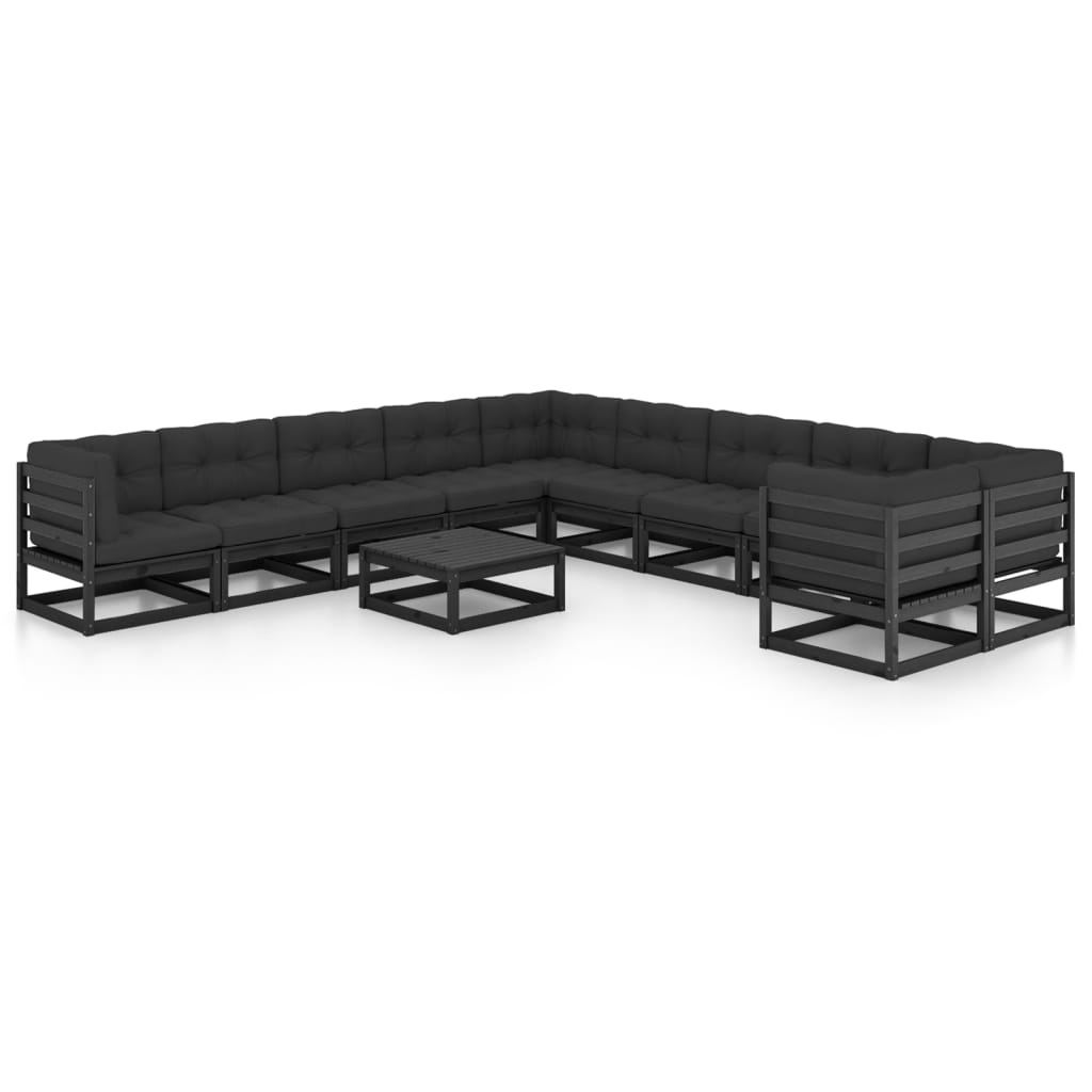 vidaXL 11-tlg. Garten-Lounge-Set mit Kissen Schwarz Kiefer Massivholz