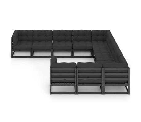 vidaXL 11 Parta Gar&eth;s&oacute;fasett me&eth; Sessum Svart Gegnheill Furuvi&eth;ur