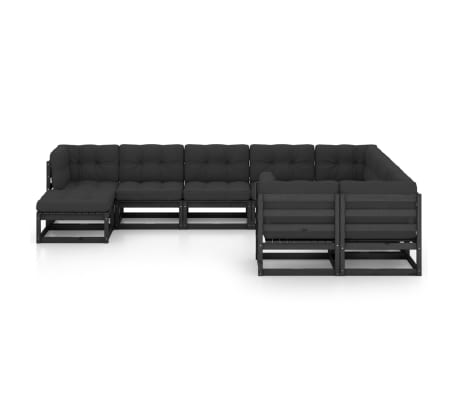 vidaXL Градински комплект от 10 части, с възглавници, черен, бор масив