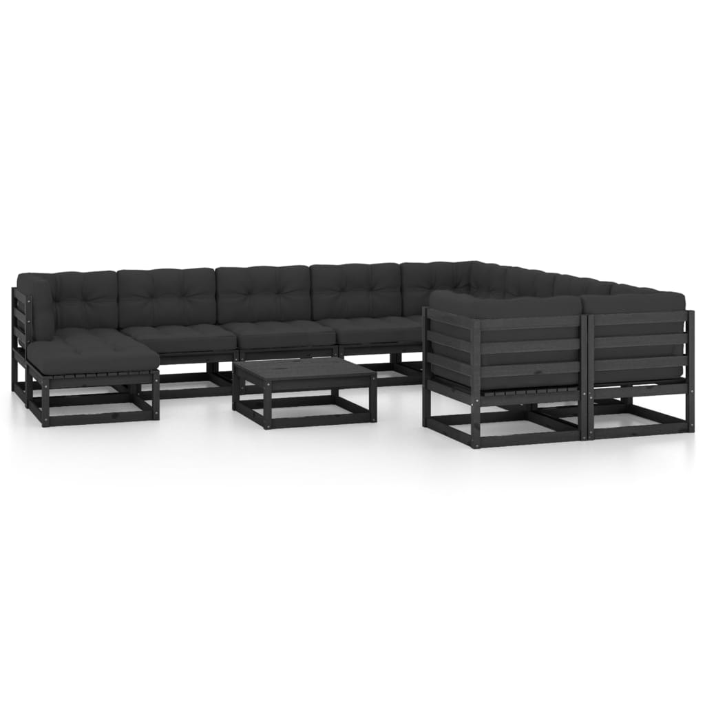 vidaXL 11-tlg. Garten-Lounge-Set mit Kissen Schwarz Kiefer Massivholz