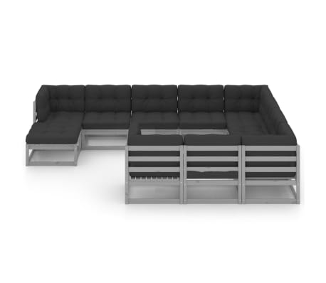 vidaXL Set mobilier grădină cu perne, 11 piese, gri, lemn masiv de pin