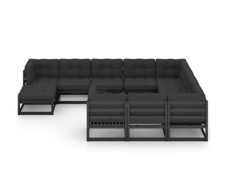 vidaXL Sodo komplektas su pagalvėmis, 11 dalių, juodas, pu&scaron;ies masyvas