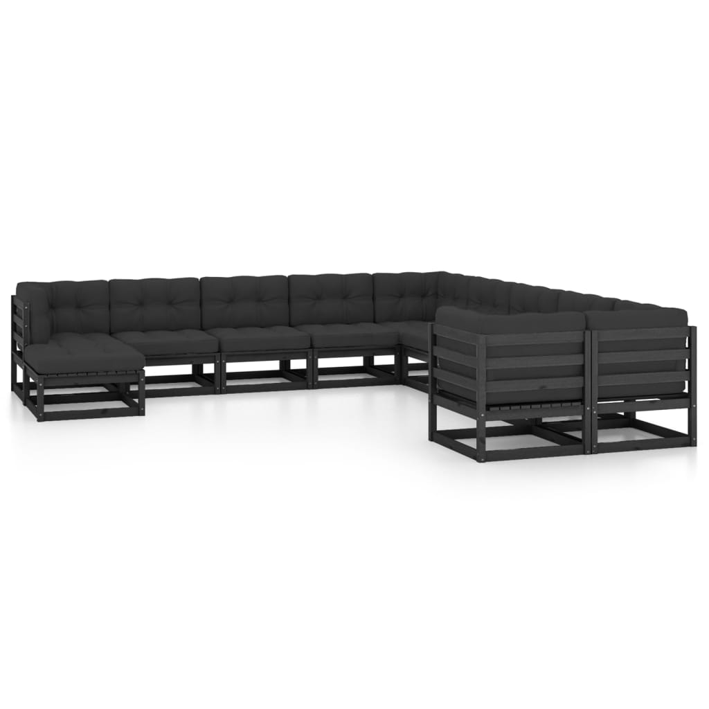 vidaXL 11-tlg. Garten-Lounge-Set mit Kissen Schwarz Kiefer Massivholz