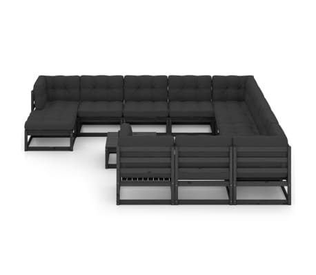 vidaXL Set mobilier grădină perne, 13 piese, negru, lemn masiv pin