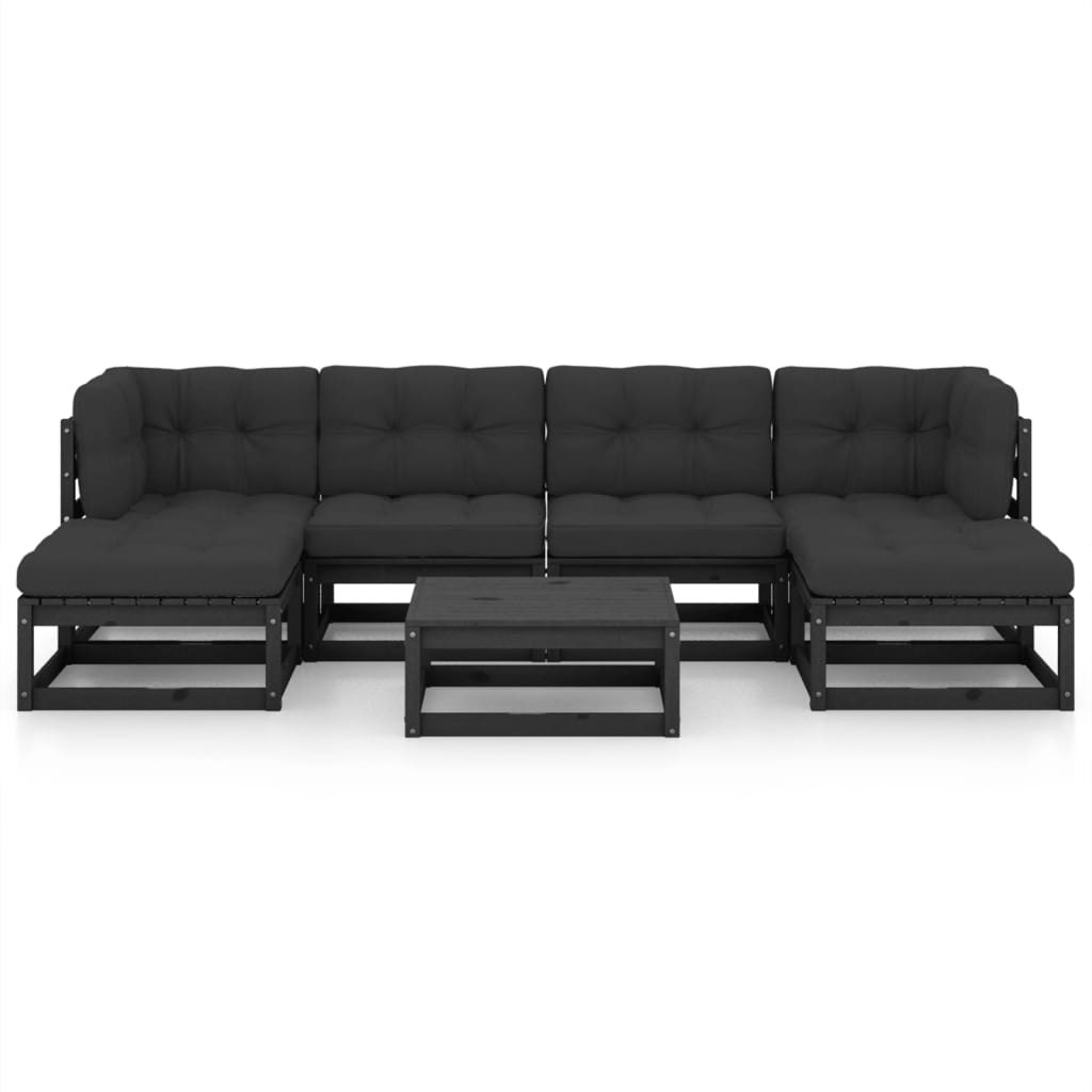 vidaXL 7-delige Loungeset met kussens massief grenenhout zwart afbeelding