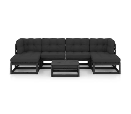 vidaXL Loungegrupp f&ouml;r tr&auml;dg&aring;rden med dynor 7 delar svart massiv furu