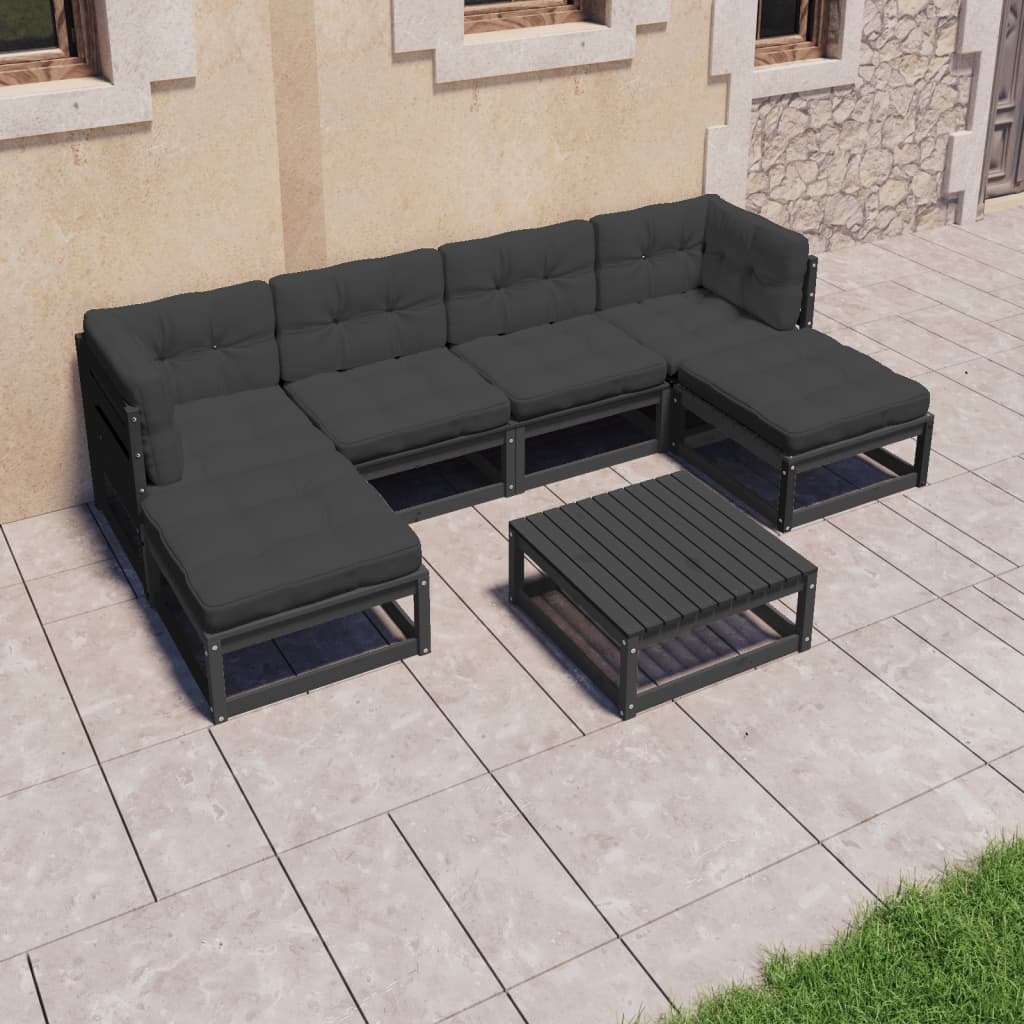 vidaXL 7-tlg. Garten-Lounge-Set mit Kissen Schwarz Massivholz Kiefer