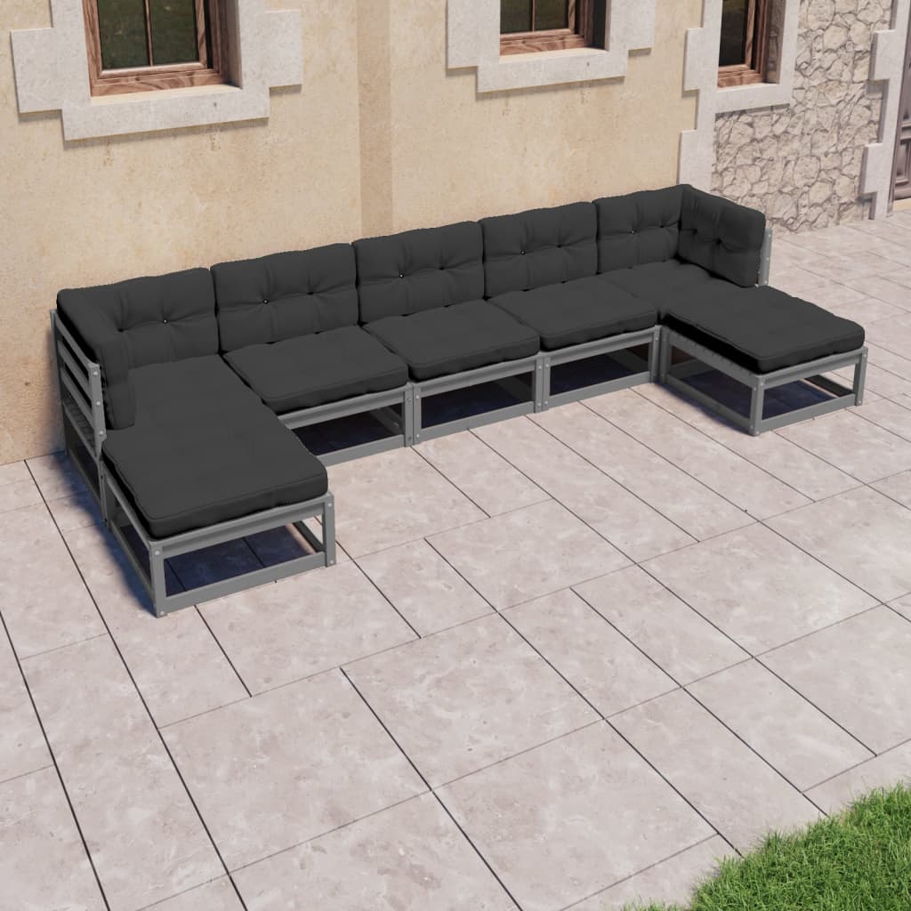 Vidaxl Set Mobilier De Gradina Cu Perne, 7 Piese, Gri, Lemn Masiv Pin